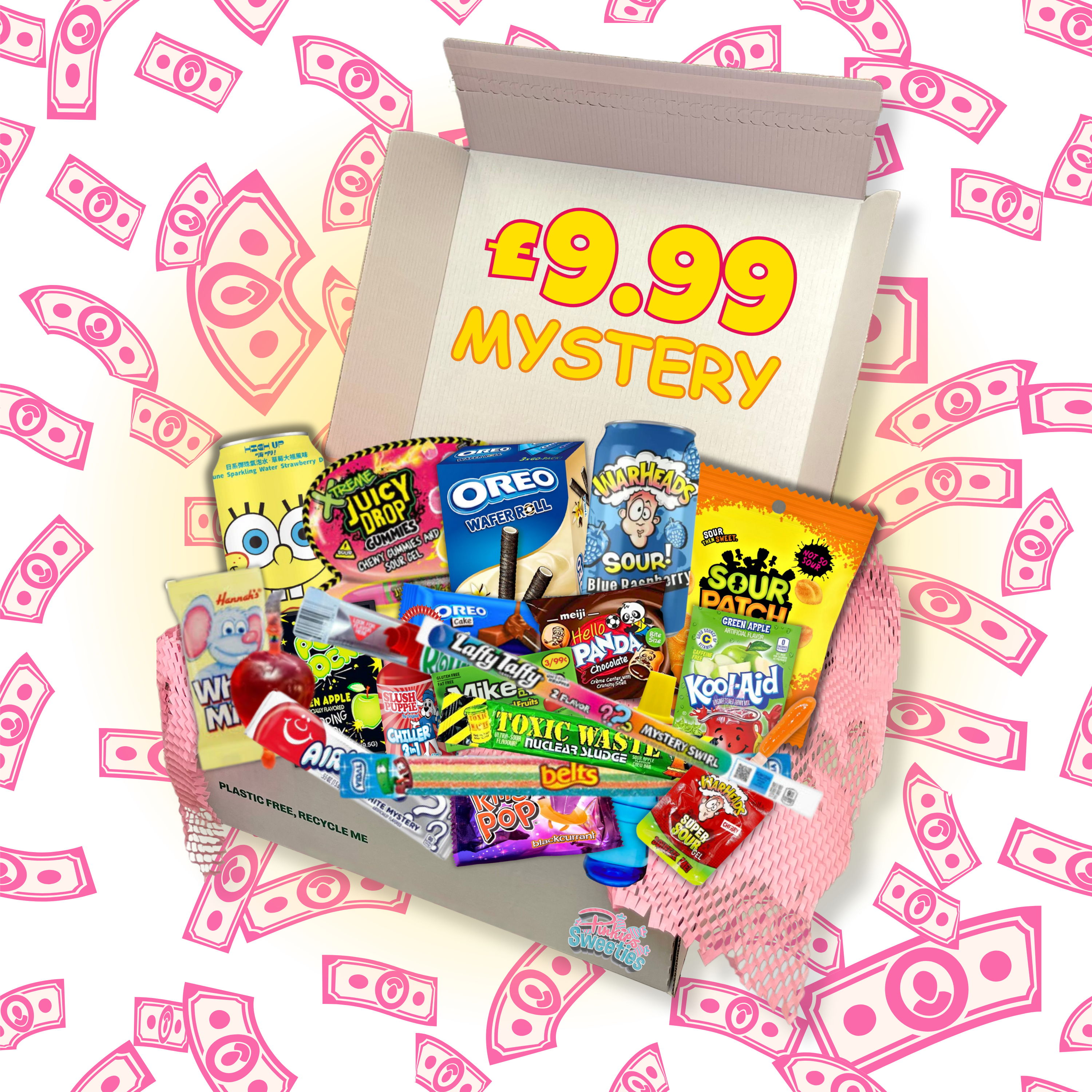 Box of assorted candy with a '£9.99 Mystery' label. Affordable mystery candy box of international sweets, soda's, drink, chocolates. pick and mix, snacks, treats, surprise mystery. 