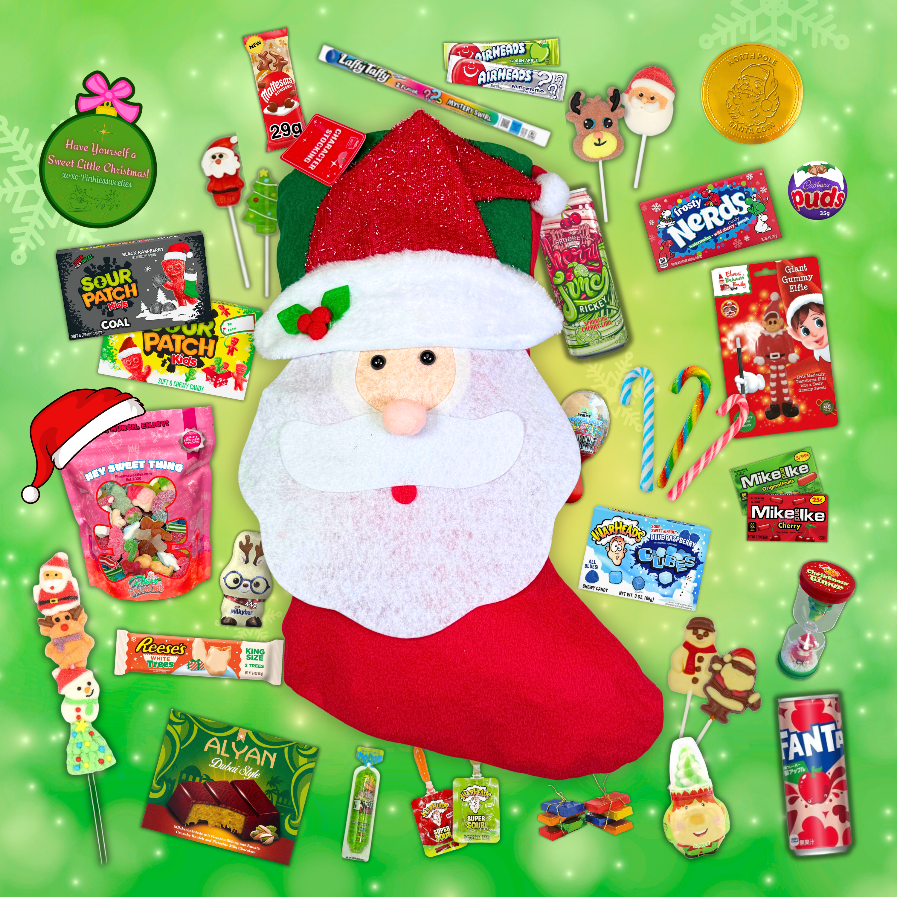 Collection of Christmas-themed candy and toys on a green background with a Santa Claus figure.