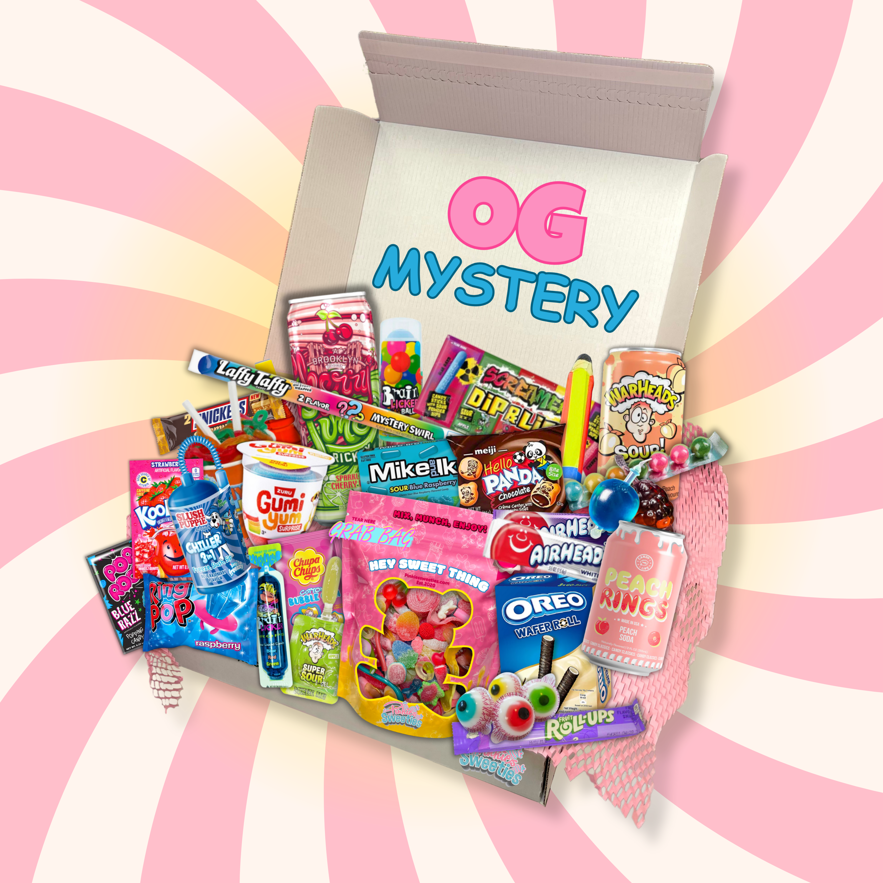 Assorted candy and snack package with 'OG Mystery' text on a pink and white striped background. Affordable mystery candy box of international sweets, soda's, drink, chocolates. pick and mix, snacks, treats, surprise mystery. 