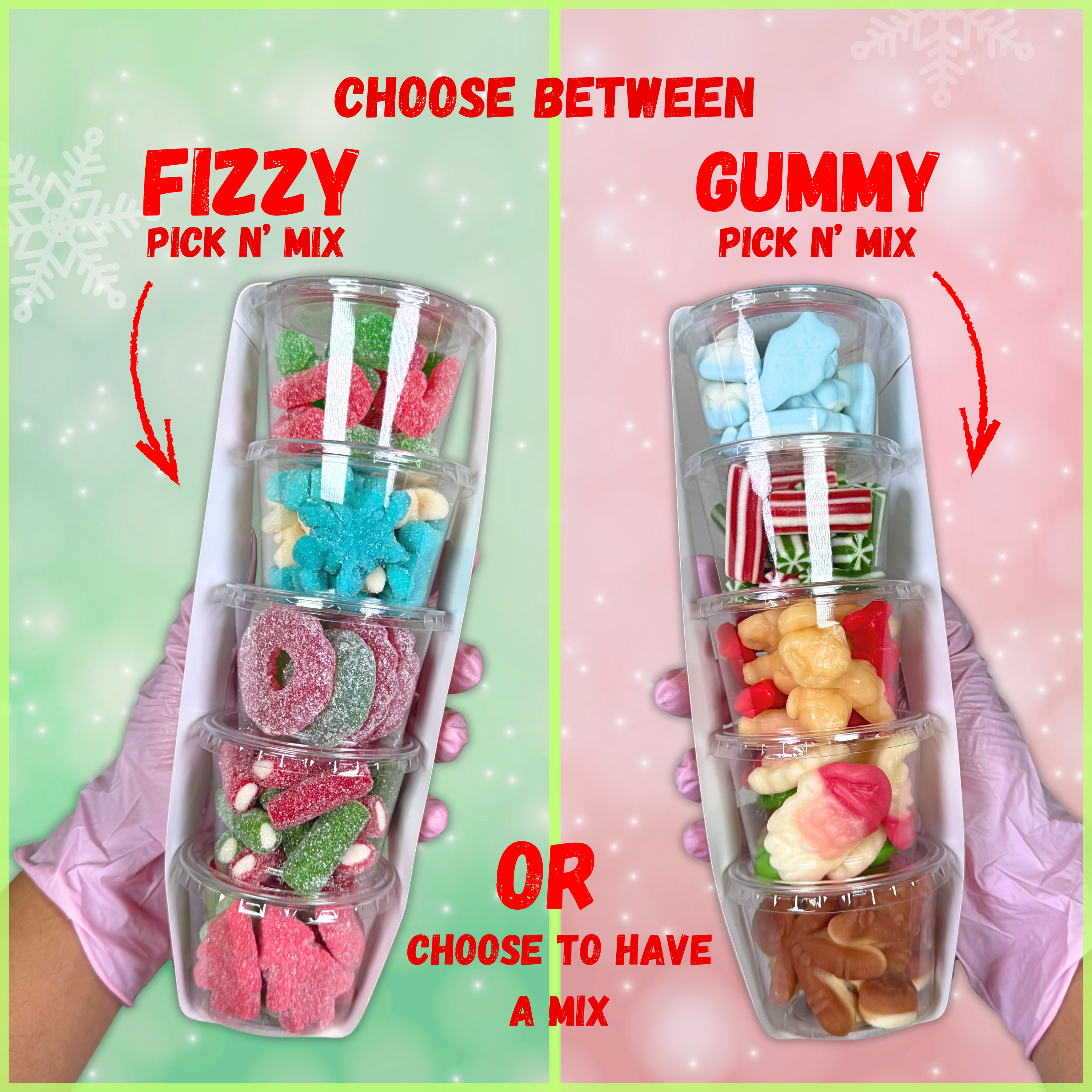 Two containers of pick n' mix candies, one labeled 'Fizzy' and the other 'Gummy', on a green and pink background. Santa’s Sweet Pot Stacker Christmas edition with five stacked tubs of festive pick n mix sweets in a red holiday sleeve. Side-by-side comparison of fizzy and gummy Santa’s Sweet Pot Stacker options with five mini tubs in each tower.