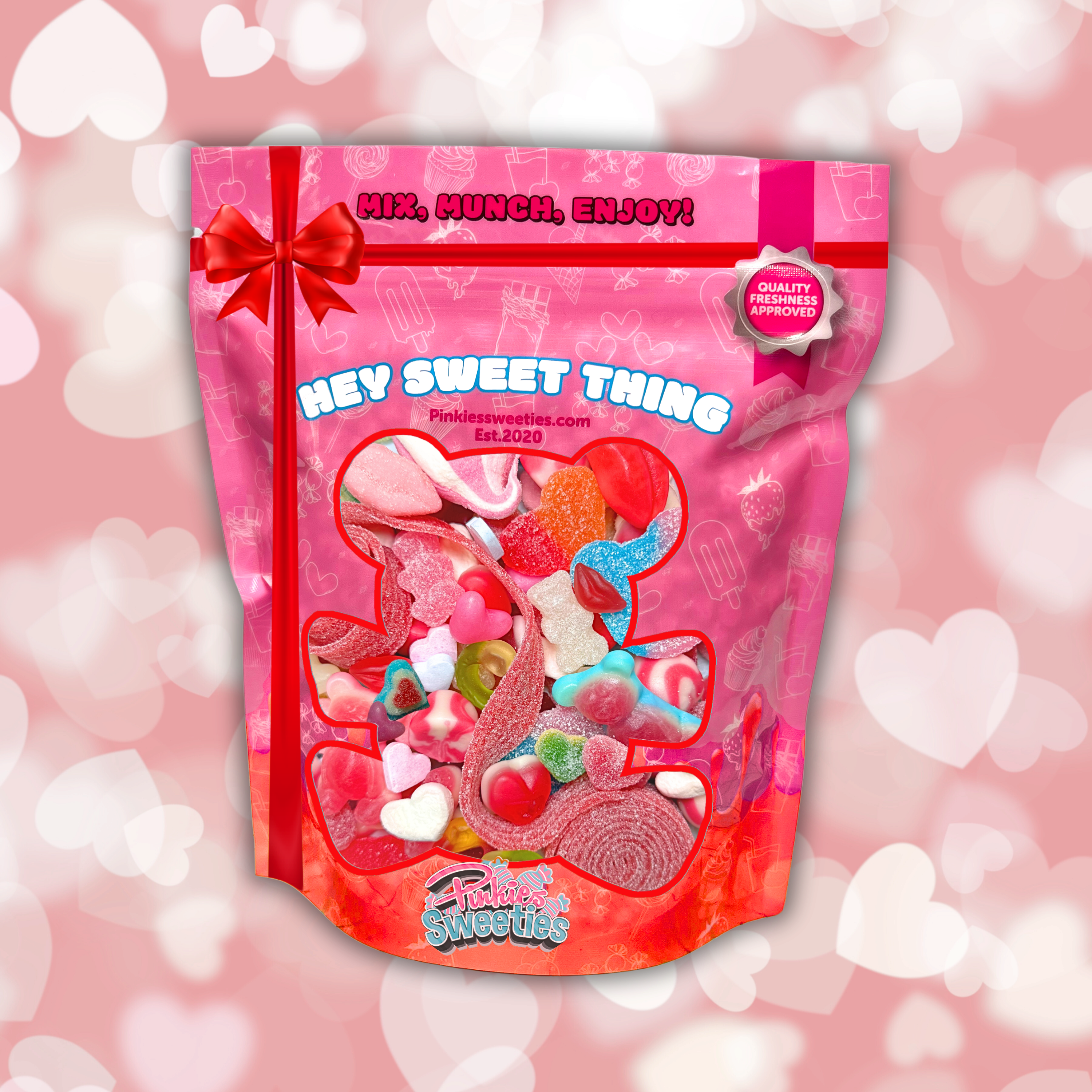 Sweethearts Pick and Mix sweet pouch with heart and bear shaped Valentine’s sweets